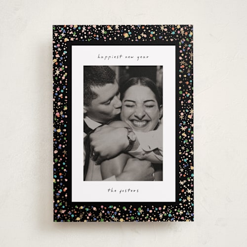 This is a popped foil pressed holiday cards with foil pressed by Pixel and Hank called confetti and sparkle printing on recycled smooth signature in standard