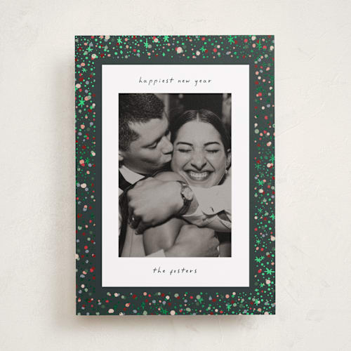 This is a kaleidoscope foil pressed holiday cards with foil pressed by Pixel and Hank called confetti and sparkle printing on recycled smooth signature in standard