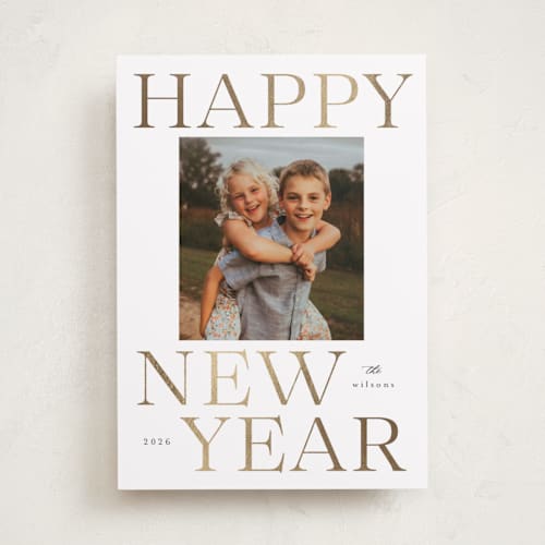 This is a snow foil pressed holiday cards with foil pressed by Kasia Labocki called lettered printing on recycled smooth signature in standard