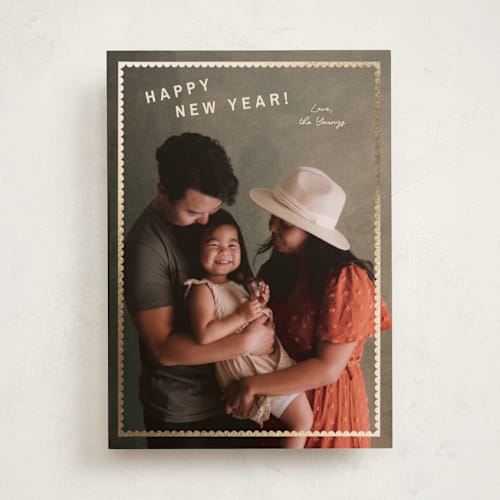 This is a latte foil pressed holiday cards with foil pressed by Ani Somi called crinkle cut printing on recycled smooth signature in standard