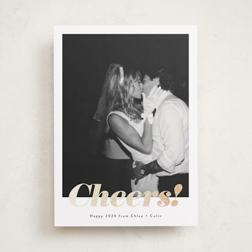 This is a ink foil pressed holiday cards with foil pressed by Emily Sabol Goss called glittering cheers printing on recycled smooth signature in standard