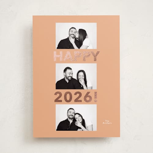 This is a blush foil pressed holiday cards with foil pressed by Angela Thompson called happy year trio printing on recycled smooth signature in standard