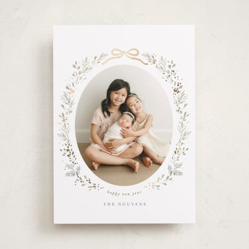 This is a sage foil pressed holiday cards with foil pressed by Itsy Belle Studio called ribbon & wreath printing on recycled smooth signature in standard