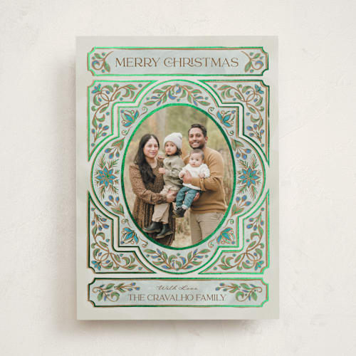 This is a juniper foil pressed holiday cards with foil pressed by Paper Sun Studio called gilded christmas printing on recycled smooth signature in standard