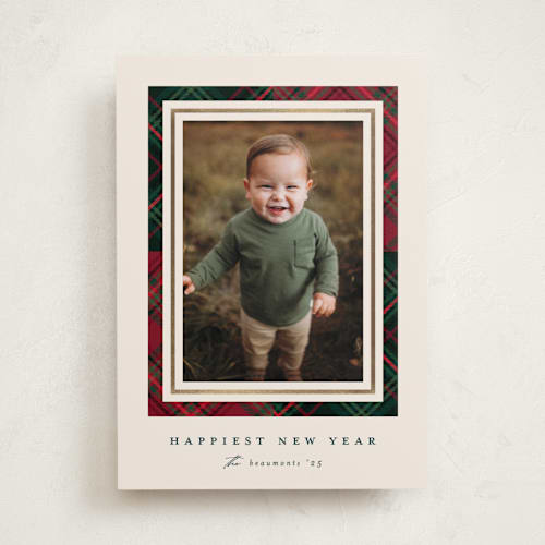 This is a ecru foil pressed holiday cards with foil pressed by Erica Krystek called christmas plaid printing on recycled smooth signature in standard