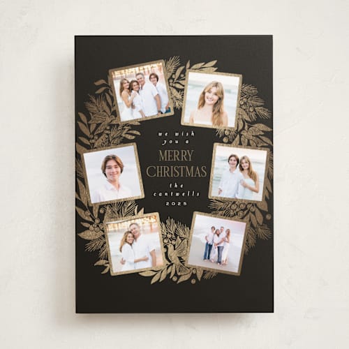 This is a coal foil pressed holiday cards with foil pressed by Leah Bisch called wreath printing on recycled smooth signature in standard