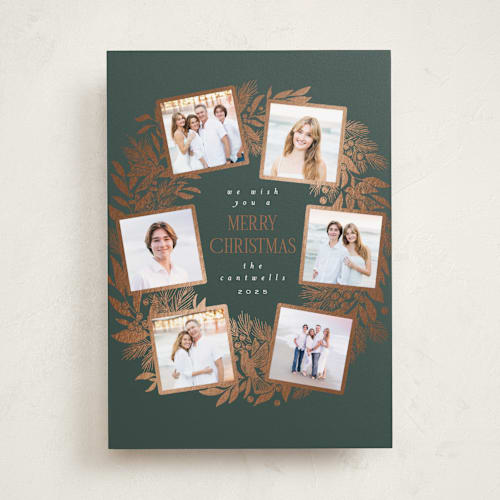 This is a forest foil pressed holiday cards with foil pressed by Leah Bisch called wreath printing on recycled smooth signature in standard