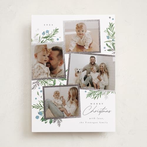This is a blue jay foil pressed holiday cards with foil pressed by Everett Paper Goods called botanical quad printing on recycled smooth signature in standard