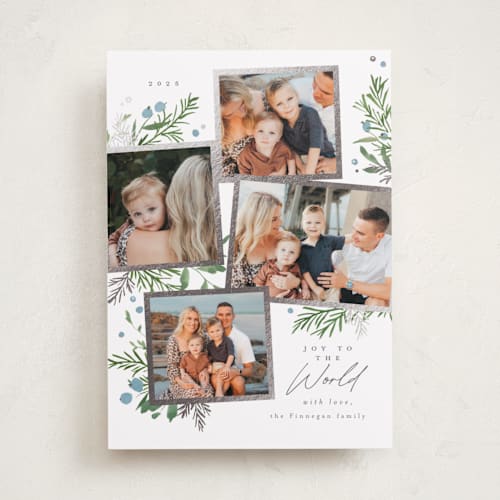 This is a blue jay foil pressed holiday cards with foil pressed by Everett Paper Goods called botanical quad printing on recycled smooth signature in standard