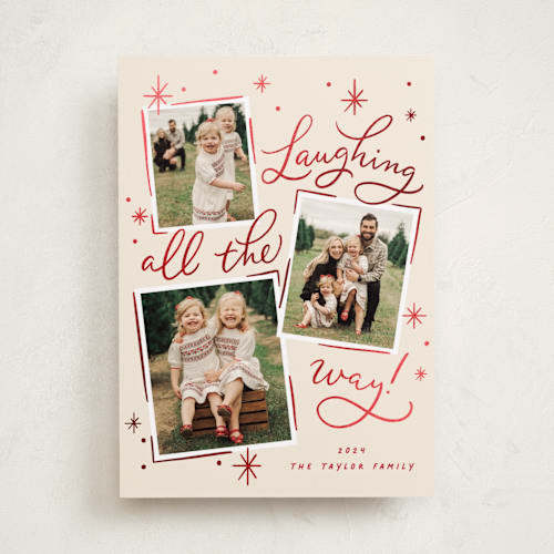 This is a reindeer nose foil pressed holiday cards with foil pressed by Erin German called laughing all the way printing on recycled smooth signature in standard