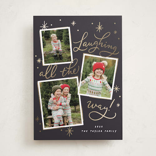 This is a jingle bells foil pressed holiday cards with foil pressed by Erin German called laughing all the way printing on recycled smooth signature in standard