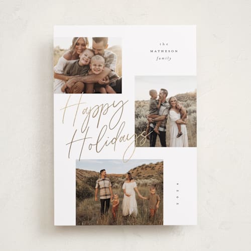 This is a cloud foil pressed holiday cards with foil pressed by Kelly Schmidt called scripted triple printing on recycled smooth signature in standard