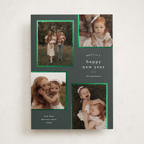 This is a spruce foil pressed holiday cards with foil pressed by Stacey Meacham called simply framed printing on recycled smooth signature in standard