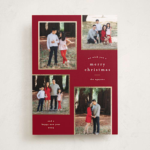 This is a poinsettia foil pressed holiday cards with foil pressed by Stacey Meacham called simply framed printing on recycled smooth signature in standard