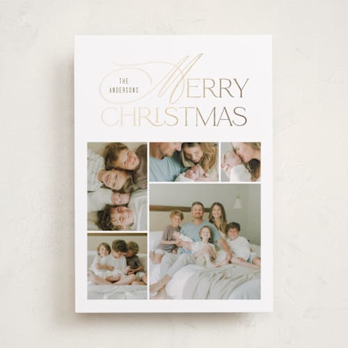 This is a vanilla foil pressed holiday cards with foil pressed by Janean Hinger called family collage printing on recycled smooth signature in standard
