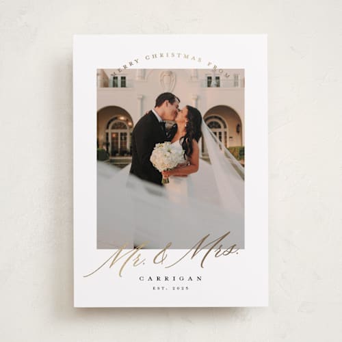 This is a veil foil pressed holiday cards with foil pressed by Pink House Press called mr. and mrs. printing on recycled smooth signature in standard