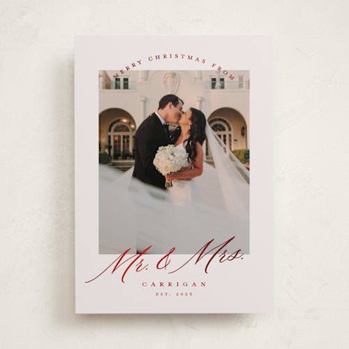This is a tinsel foil pressed holiday cards with foil pressed by Pink House Press called mr. and mrs. printing on recycled smooth signature in standard