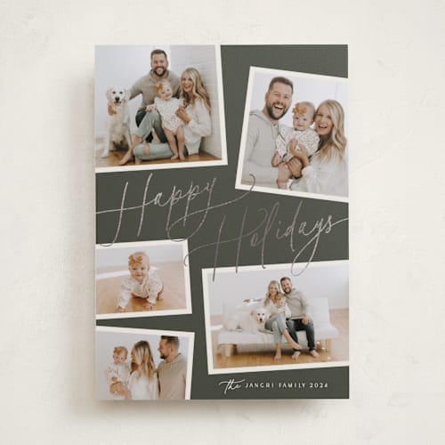 This is a fir foil pressed holiday cards with foil pressed by Melanie Severin called collage scatter printing on recycled smooth signature in standard