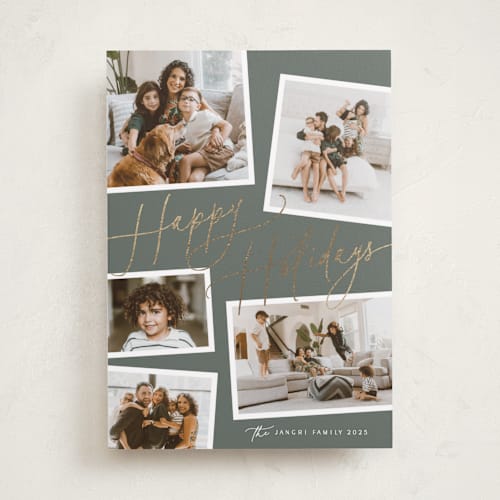 This is a sage foil pressed holiday cards with foil pressed by Melanie Severin called collage scatter printing on recycled smooth signature in standard