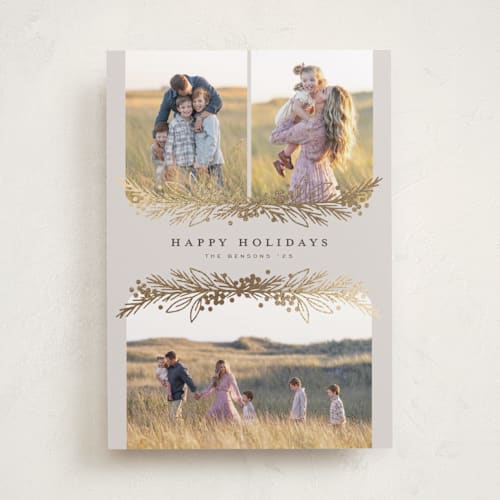 This is a linen foil pressed holiday cards with foil pressed by Michelle Taylor called gilded trio printing on recycled smooth signature in standard