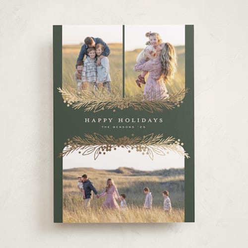 This is a fern foil pressed holiday cards with foil pressed by Michelle Taylor called gilded trio printing on recycled smooth signature in standard