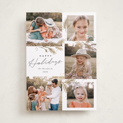 This is a snow foil pressed holiday cards with foil pressed by Rebecca Durflinger called sparkling pine printing on recycled smooth signature in standard