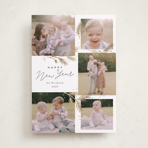 This is a snow foil pressed holiday cards with foil pressed by Rebecca Durflinger called sparkling pine printing on recycled smooth signature in standard
