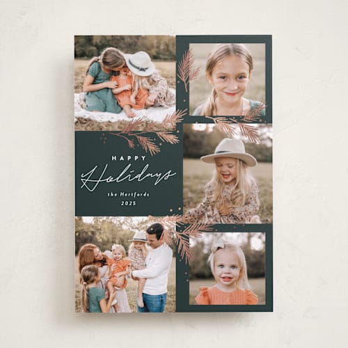 This is a juniper foil pressed holiday cards with foil pressed by Rebecca Durflinger called sparkling pine printing on recycled smooth signature in standard