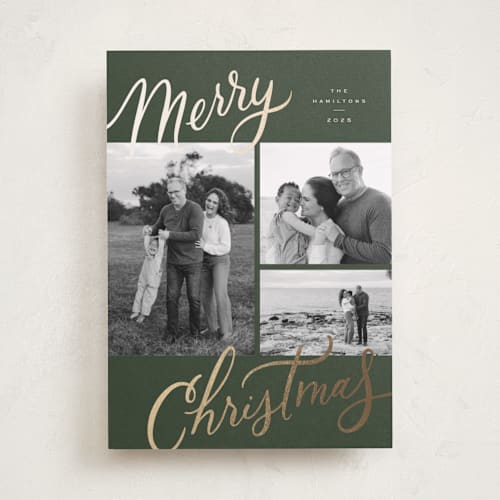 This is a forest foil pressed holiday cards with foil pressed by Wildfield Paper Co called christmas memories printing on recycled smooth signature in standard