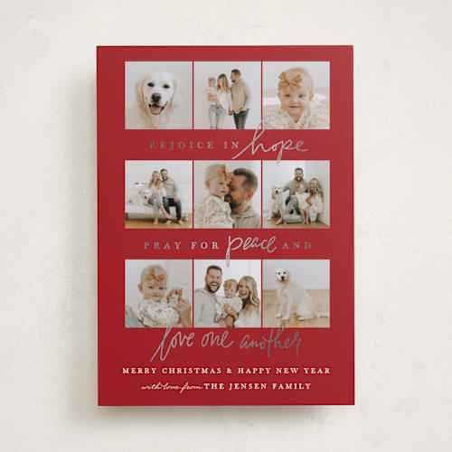 This is a cherry foil pressed holiday cards with foil pressed by Jamie Schultz Designs called pray for peace collage printing on recycled smooth signature in standard