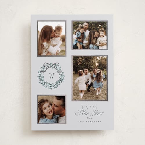 This is a mist foil pressed holiday cards with foil pressed by Everett Paper Goods called wreath multi printing on recycled smooth signature in standard