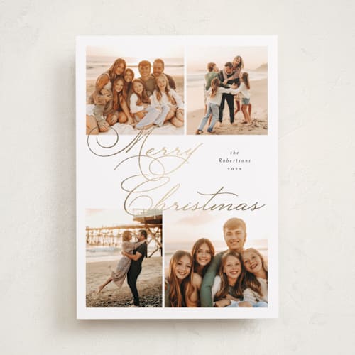 This is a snow foil pressed holiday cards with foil pressed by Emily Betts called merry four printing on recycled smooth signature in standard