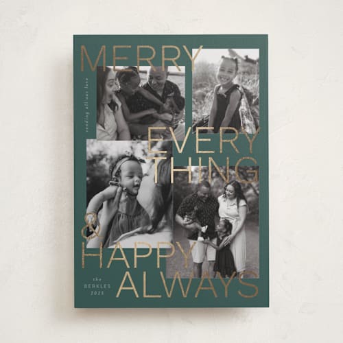This is a evergreen foil pressed holiday cards with foil pressed by Inkblot Design called merry everything printing on recycled smooth signature in standard