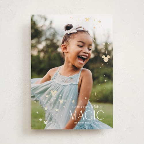 This is a mickey gloves foil pressed holiday cards with foil pressed by Danie Romrell called disney's mickey holiday magic printing on recycled smooth signature in standard