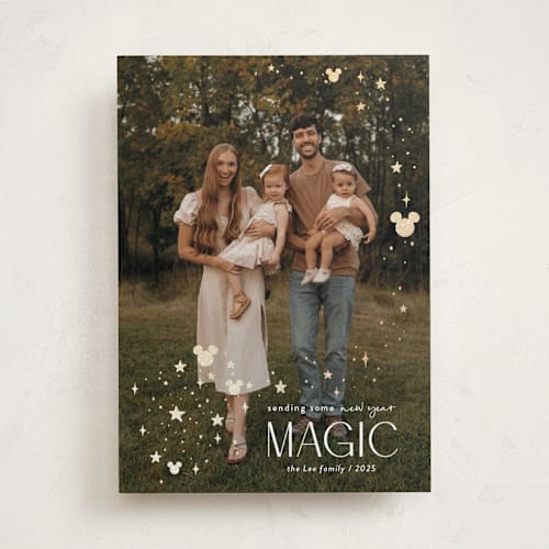 This is a mickey gloves foil pressed holiday cards with foil pressed by Danie Romrell called disney's mickey holiday magic printing on recycled smooth signature in standard