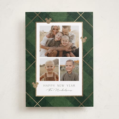 This is a juniper foil pressed holiday cards with foil pressed by Susan Zinader called disney mickey's tartan plaid printing on recycled smooth signature in standard