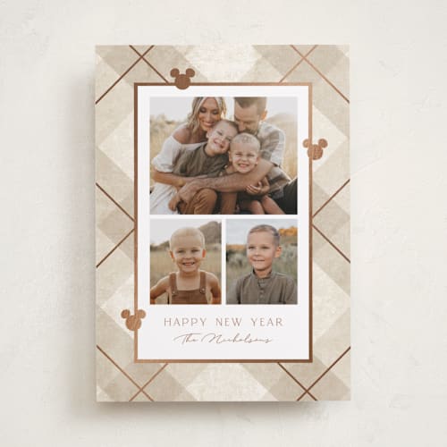 This is a cinnamon sugar foil pressed holiday cards with foil pressed by Susan Zinader called disney mickey's tartan plaid printing on recycled smooth signature in standard