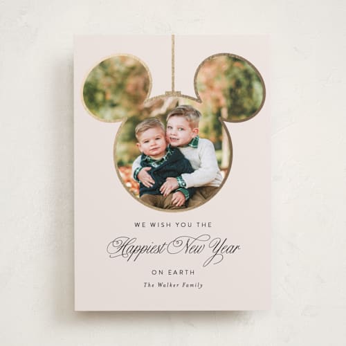 This is a pearl foil pressed holiday cards with foil pressed by Vanessa Doyle called disney mickey ornament printing on recycled smooth signature in standard