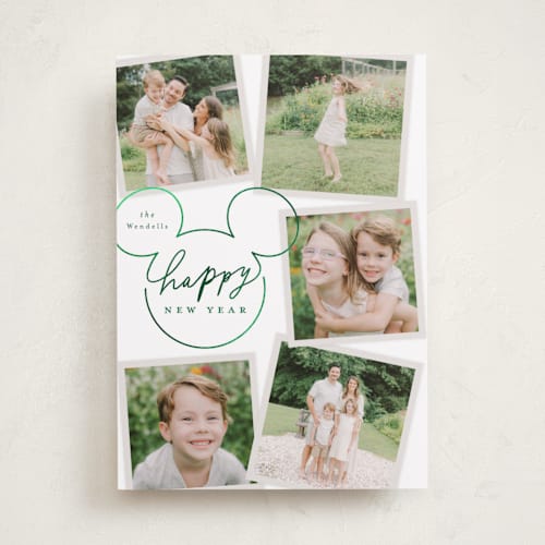 This is a spruce foil pressed holiday cards with foil pressed by Everett Paper Goods called disney's mickey mouse casual script printing on recycled smooth signature in standard