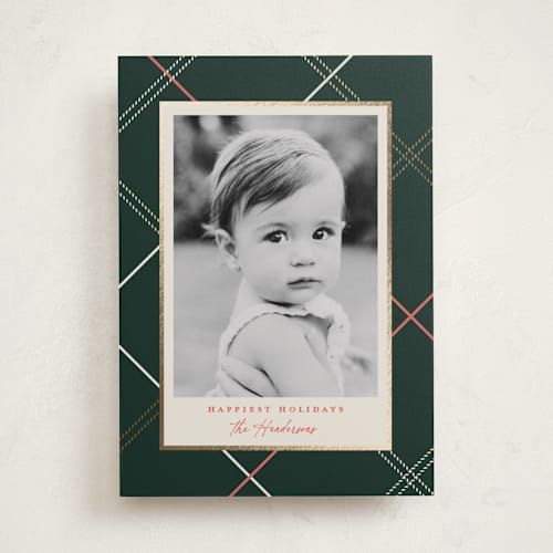 This is a evergreen foil pressed holiday cards with foil pressed by Carolyn Nicks called minimal plaid printing on recycled smooth signature in standard