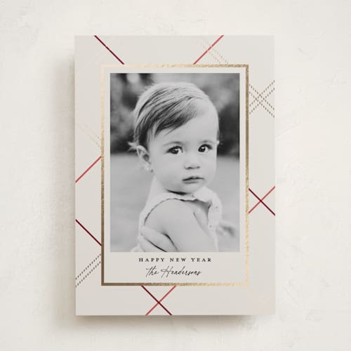 This is a eggnog foil pressed holiday cards with foil pressed by Carolyn Nicks called minimal plaid printing on recycled smooth signature in standard