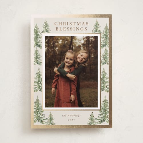 This is a toffee foil pressed holiday cards with foil pressed by Petra Kern called winter trees printing on recycled smooth signature in standard