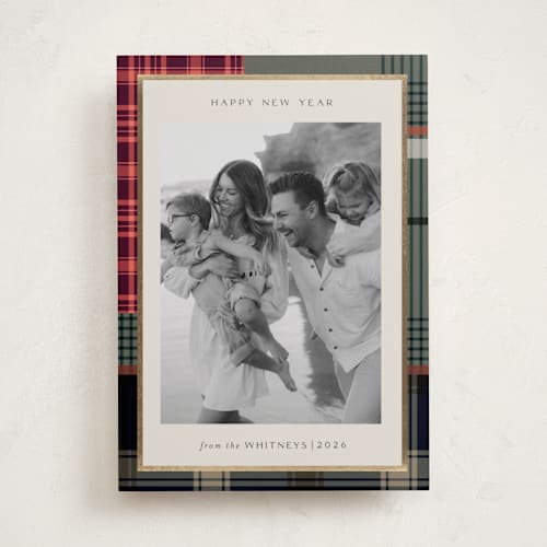 This is a rustic foil pressed holiday cards with foil pressed by Makewells called antiqued plaid printing on recycled smooth signature in standard