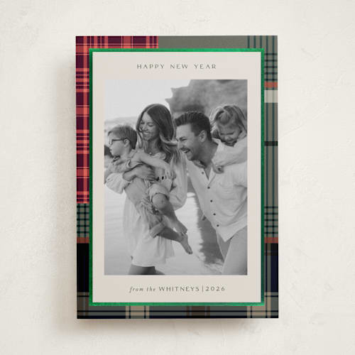 This is a rustic foil pressed holiday cards with foil pressed by Makewells called antiqued plaid printing on recycled smooth signature in standard