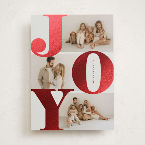 This is a berry foil pressed holiday cards with foil pressed by Brianne Larsen called bold joy printing on recycled smooth signature in standard