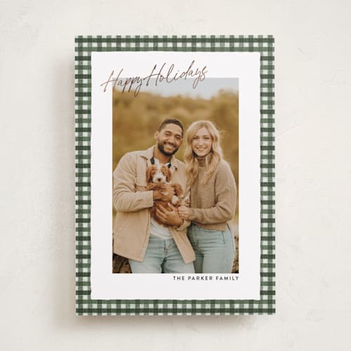 This is a evergreen foil pressed holiday cards with foil pressed by Ekko Studio called tattersall printing on recycled smooth signature in standard