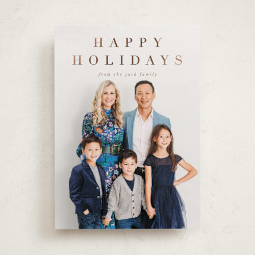 This is a golden foil pressed holiday cards with foil pressed by Amy Kross called banner printing on recycled smooth signature in standard