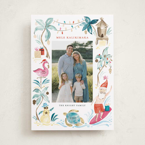This is a sea turtle foil pressed holiday cards with foil pressed by Sarah Knight called merry luau printing on recycled smooth signature in standard