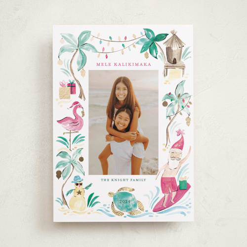This is a guava foil pressed holiday cards with foil pressed by Sarah Knight called merry luau printing on recycled smooth signature in standard