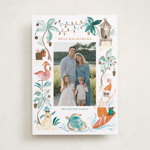 This is a peach punch foil pressed holiday cards with foil pressed by Sarah Knight called merry luau printing on recycled smooth signature in standard